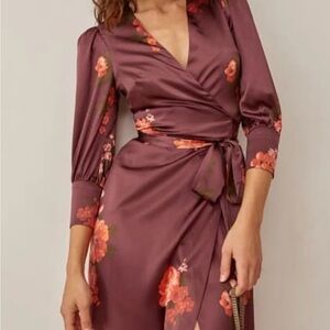 Reformation Merrick Silk Floral Wrap Dress in Purple- Size L